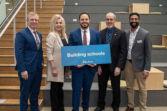 Dignitaries present for the March 2026 Government of Alberta announcement for new schools: Left to right: Martin Long, Minister of Infrastructure; Sandra Palazzo, Board Chair, Edmonton Catholic Schools; Demetrios Nicolaides, Minister of Education and Childcare; Etienne Alary, Board Chair, Conseil scolaire Centre-Nord; Saadiq Sumar, Board Chair, Edmonton Public Schools