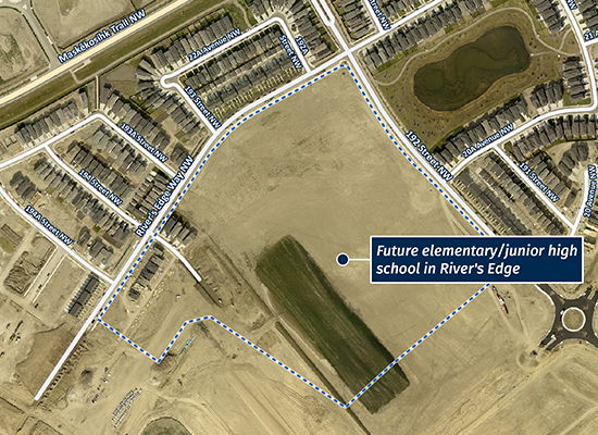 Map showing the location of the newly announced future elementary/junior high school in River's Edge