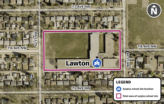 A satellite map image of Lawton School, located at 11602 40 Street NW. The total area of the school site is outlined in red.