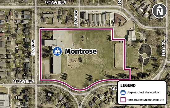 A satellite map image of Montrose School, located at 11931 62 Street NW. The total area of the school site is outlined in red.