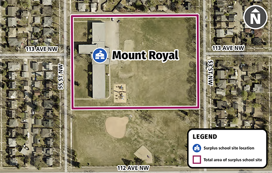 A satellite map image of Mount Royal School, located at 11303 55 Street NW. The total area of the school site is outlined in red.