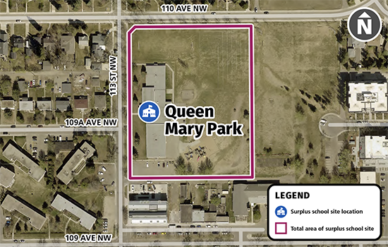 A satellite map image of Queen Mary Park School, located at 11025 113 Street NW. The total area of the school site is outlined in red.