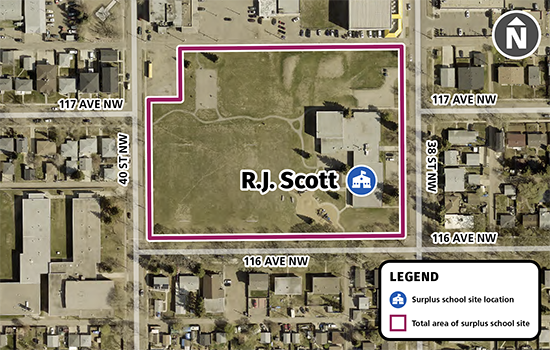 A satellite map image of R.J. Scott School, located at 11610 38 Street NW. The total area of the school site is outlined in red.