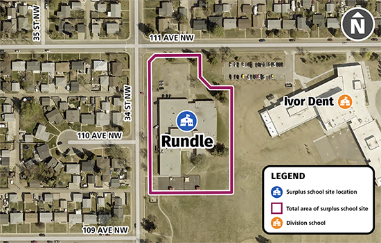 A satellite map image of Rundle School, located at 11005 34 Street NW. The total area of the school site is outlined in red.